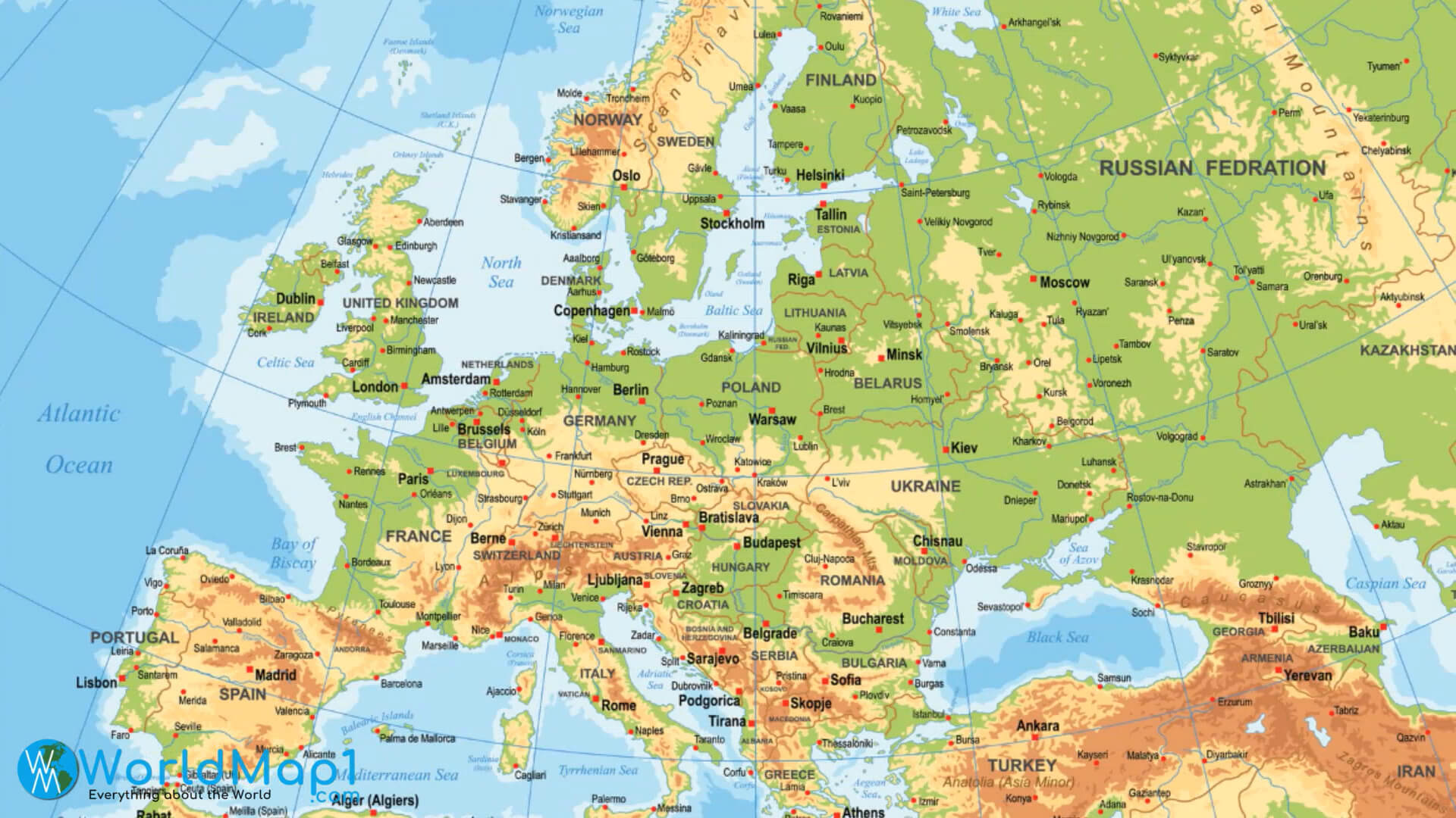 Kostenlose physische Karten von Europa und Russland